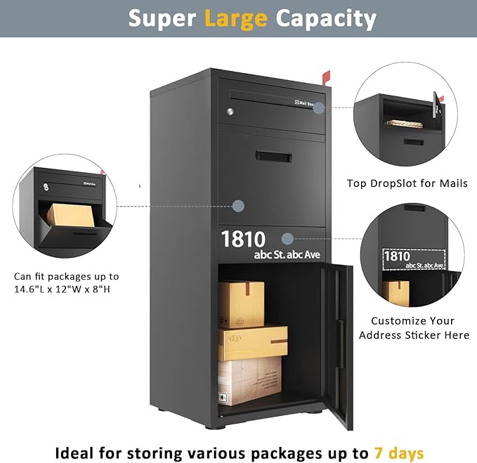 Package Delivery Boxes for Outside, Large Parcel Drop Boxes with Lock, Customize Address Stickers Package Drop Boxes for Outside is Waterproof,Package Delivery Box for Porch (Black，40"*17.7"*15 in)