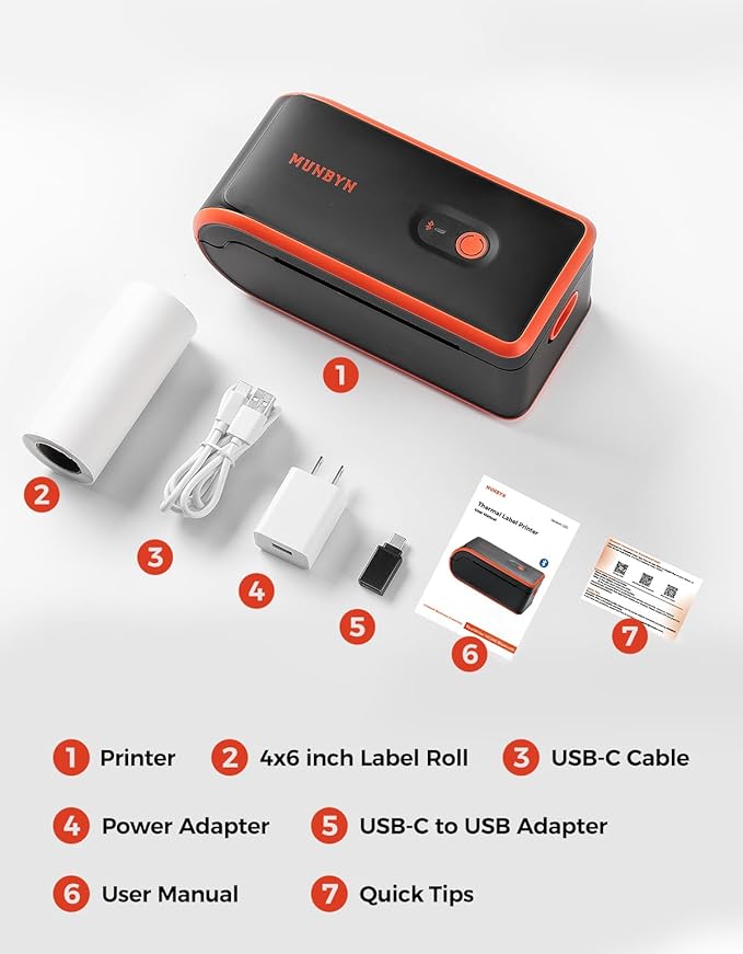 MUNBYN Bluetooth Thermal Label Printer 4x6, Wireless Shipping Label Printer with Built-in Paper Bin & Battery, Compatible with iOS, Android, Windows, Mac, Works for Amazon, Ebay, Shopify, Etsy, USPS