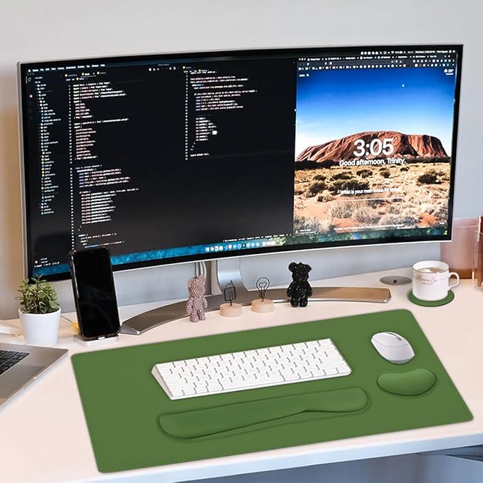 Large Keyboard Mouse Pad Set, Extended Mouse Pad+Keyboard Wrist Rest Support, Memory Foam Ergonomic Easy Typing, 4Pcs (35.4×15.11 in) Desk Pad Set for Home Office Study Game - Green