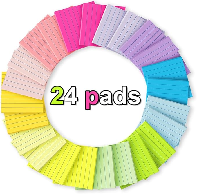 (24 Pads) Lined Sticky Notes 3x3 in Ruled Stickies Super Sticking Power Memo Pads Bright Colors