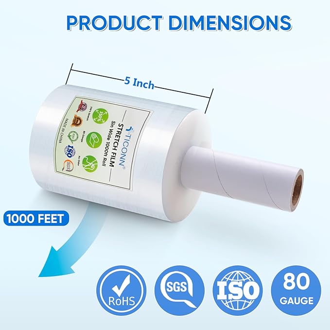 TICONN 2Pk Stretch Wrap Stretch Film Roll, 1000ft Industrial Strength 5 inch Wide Clear Plastic Wrap with Handles for Pallet Wrapping Shipping Moving