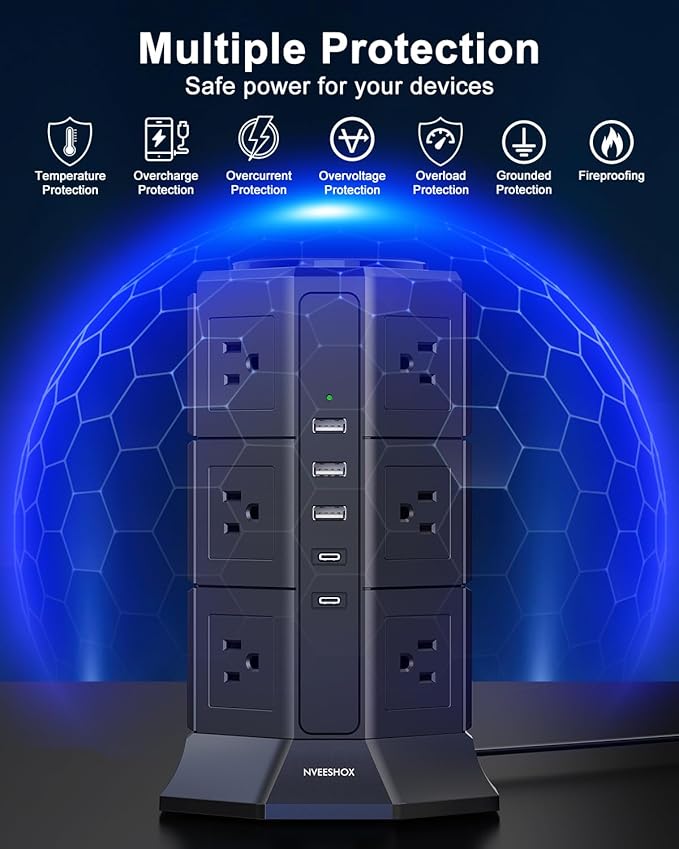 Surge Protector Power Strip Tower, 10FT Ultra Flat Extension Cord with 12 AC Outlets 5 USB Ports(2 Type C), Desktop Charging Station, Flat Plug Outlet Extender for Home Office Dorm