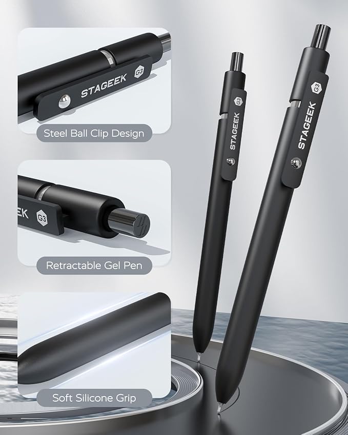 Black Gel Pens, 12Pcs Fine Point Smooth Writing Pens with 3 Extra Refills, Quick Dry Black Ink Pens for Journaling, Office, Note Taking, School Supplies, Nurse Aesthetic(Black)