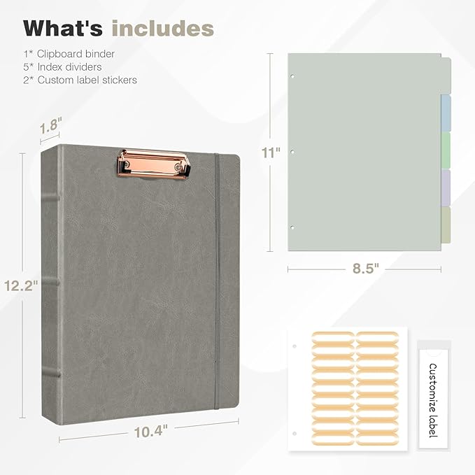 Ospelelf 3 Ring Binder With Clipboard 1 Inch Leather for Letter Size (8.5" x 11"), 5 Tab Dividers Office Supply, Grey