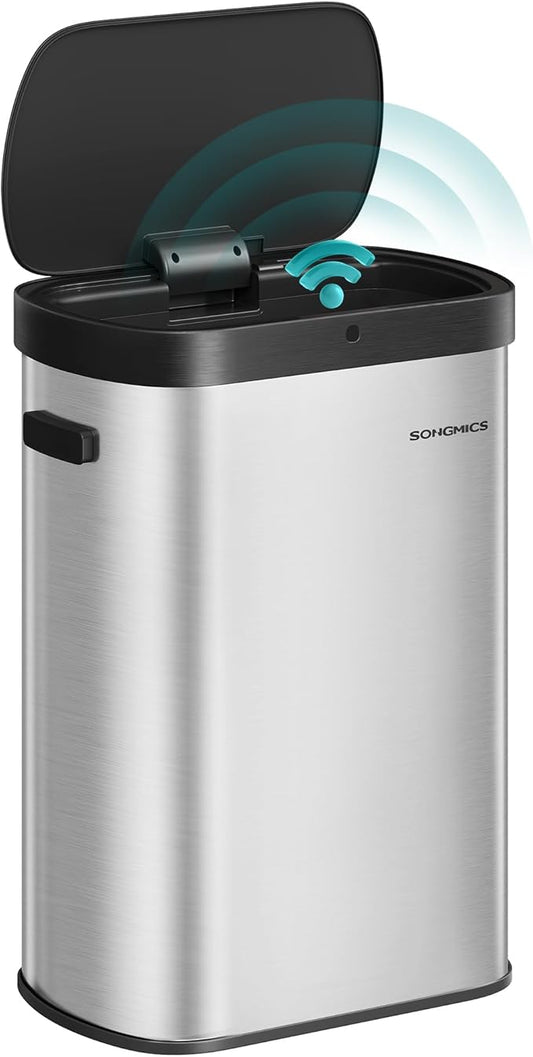 SONGMICS Motion Sensor Trash Can, 13-Gallon (50 L) Automatic Garbage Can with Soft Close Lid, Stainless Steel, Wave or Touch to Open, Includes 15 Bags, Metallic Silver and Ink Black ULTB640E01