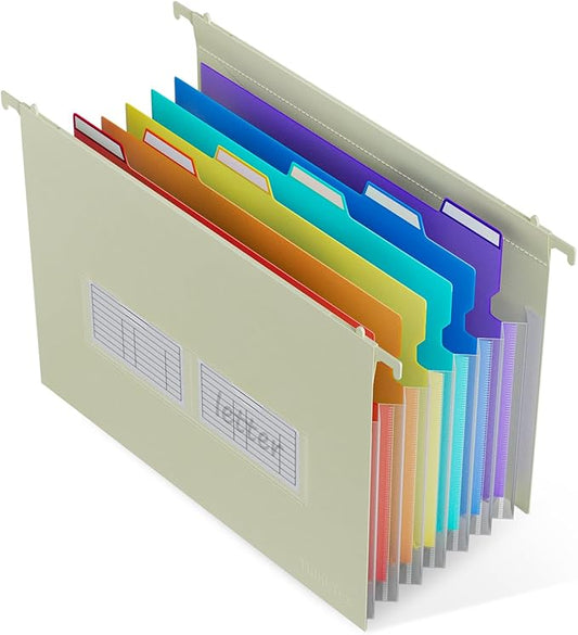 ThinkTex Plastic Expanding Hanging File Folders, 7 Innovative 1.2" Accordion Pockets, Large Capacity, Multi-Color Tabs, Letter Size for Filing Cabinet - Yellow