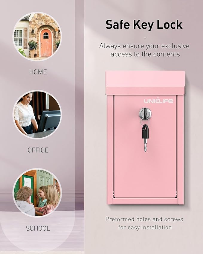 Uniclife Pink Key Drop Box for Outside, Metal Safe Suggestion Box with Key Lock, Collection Boxes Donation Chest, Wall Mounted Mailbox with Top Slot, Steel Cash Drop Chest for Home Office Business
