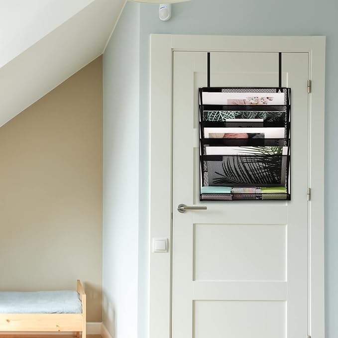 EASEPRES Desk File Organizer Mesh 6-Tier with Hangers, Hanging Wall Mount Document Organization Stand, Desktop Vertical Mail Paper Folder Holder with Bottom Tray for Office Home Cubicle, Black