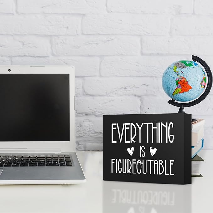 Everything Is Figureoutable Wooden Box Sign Decorative Inspirational Farmhouse Wood Box Sign Home Office Decor Motivational Gift Rustic Square Desk Decor Sign for Shelf 6 x 8 Inches Black