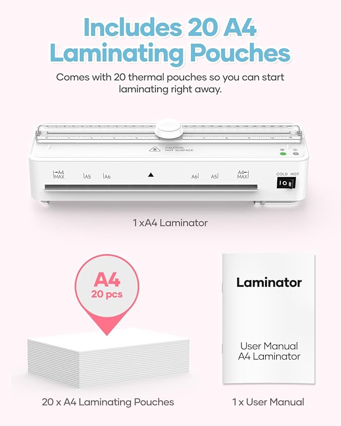 Kejector Laminator Machine, 9 Inch with 20 A4 Sheets Thermal and Cold Lamination Built in Cutter Quick Warm Up for Home Office School, White