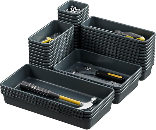 BYCY 38PCS Interlocking Desk Drawer Organizer Tray Divider Set, Plastic Black Desk Organizer Separator, Office Drawer Dividers Storage Bins for Office Bathroom Kitchen (38pcs 5Size)