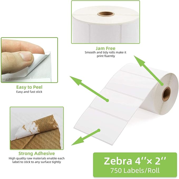 Compatible 4" x 2" Direct Thermal Labels Replacement for Barcodes Postage Address Shipping Compatible with Rollo & Zebra Desktop Printers Adhesive & Perforated (12 Rolls, 750 Labels/Roll)