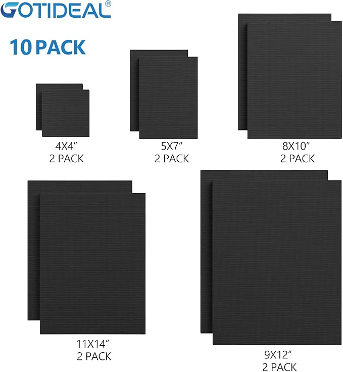 GOTIDEAL 10Pcs Black Stretched Canvases for Painting, Multi Pack 4x4", 5x7", 8x10",9x12", 11x14" Set of 10, Primed 100% Cotton Artist Blank Canvas Boards for Painting, Acrylic Pouring, Oil Paint Art