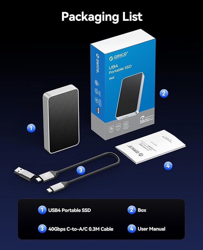 ORICO 2TB USB4.0 External SSD 3800MB/s(40Gbps) - Ultra-Fast Portable NVMe SSD, Compatible with Thunderbolt 3/4, Fanless Aluminum Design for Photographers, Video Editors X40