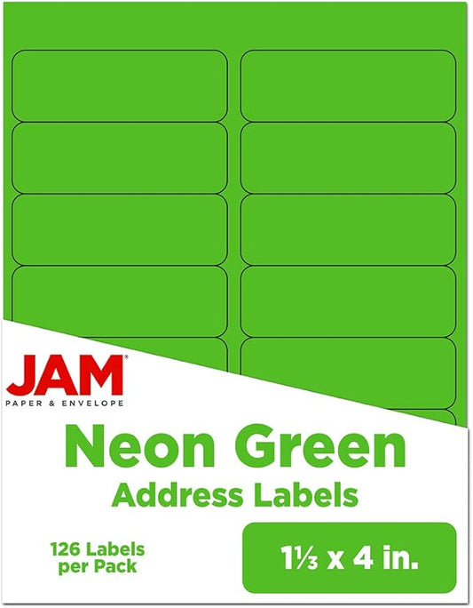 JAM Paper Shipping Address Labels, Rectangular, 1 1/3 x 4, Neon Green, 126/Pack (359329613)