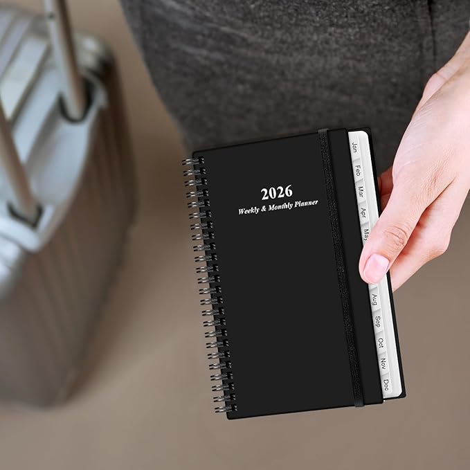 2026 Pocket Planner/Calendar - 2026 Planner from January 2026 - December 2026, Planner 2025 with 12 Tabs, Twin-Wire Binding, Inner Pocket, 3.75" x 6.75, Black