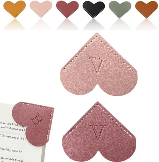 Personalized Leather Heart Bookmark, 26 Letters Customized Corner Book Mark for Reading Women, Book Marker with Initials，Cute Gifts (Light Pink+Deep Pink, V)