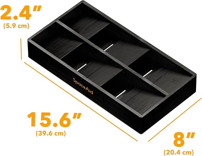 SpaceAid Bamboo Silverware Drawer Organizer with Labels, Kitchen Utensil Tray Holder Organizer for Flatware, Cutlery, Spoon and Knives Drawer Storage Organization (Black, 6 Slots)