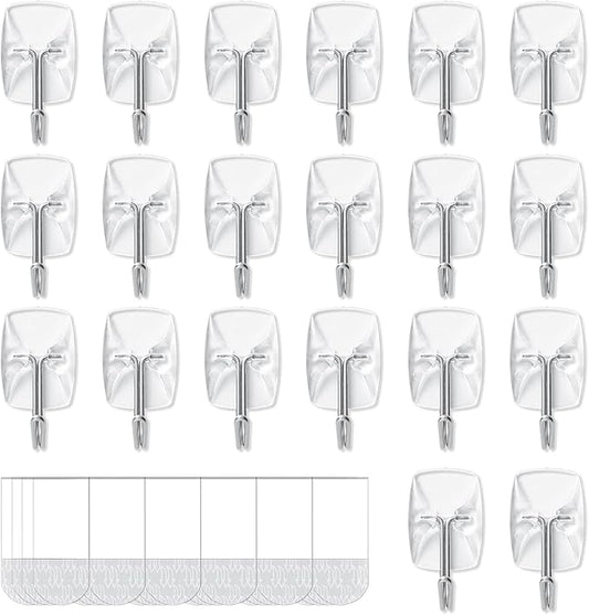 20 Small Hooks+24 Removable Strips, Clear Wire Hanger Hooks, Damage-Free Utility Hooks, Heavy Duty with Adhesive Strips, No Tools Wall Hook for Hanging, Value Pack