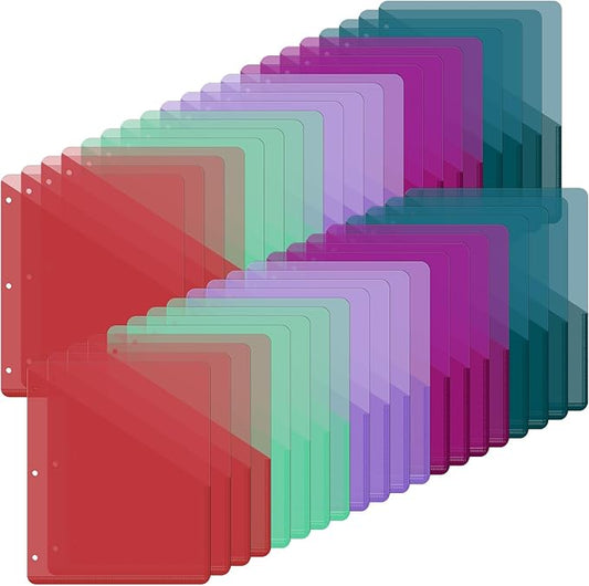 Maitys 50 Pack Binder Pockets 3 Hole Punch Clear Plastic Document Folders Binder Organizer Store Letter Size 8.5x11 Inch Paper Folders with Pockets Slash File Jacket for Office (Happy Color)