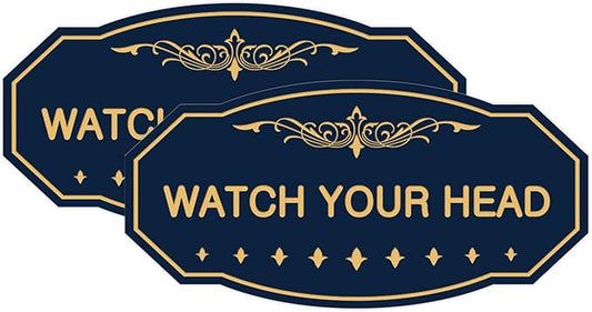Signs ByLITA Victorian Watch Your Head Sign (Navy Blue/Gold) - Large 2 Pack