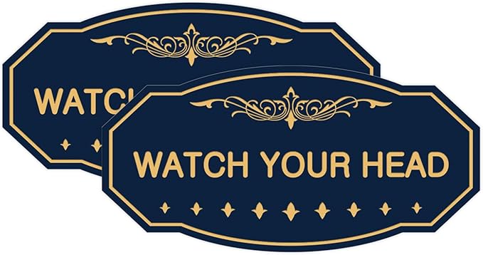 Signs ByLITA Victorian Watch Your Head Sign (Navy Blue/Gold) - Small 2 Pack