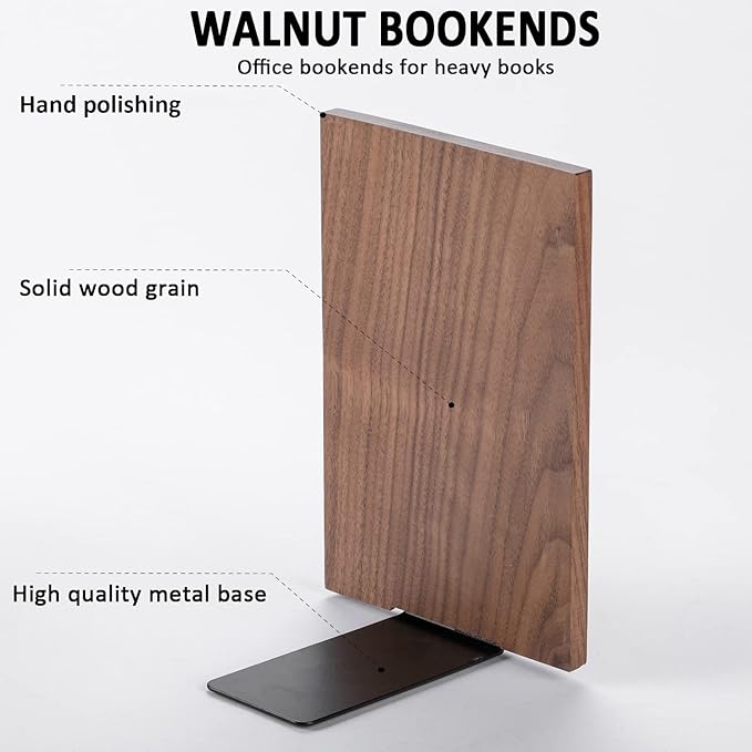 Muso Wood Handmade Walnut Book Ends, Non-Skid Bookends for Shelves, Large Sturdy Book Ends for Heavy Books, Decorative Book Shelf (3 Pairs)