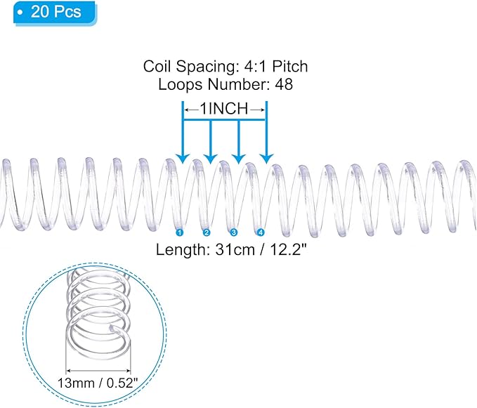 PATIKIL 13mm(1/2") Plastic Spiral Binding Coils, 20 Pcs Binding Spirals 105 Sheet Capacity 4:1 Pitch Binding Spirals for Binding Paper Sheets, Transparent