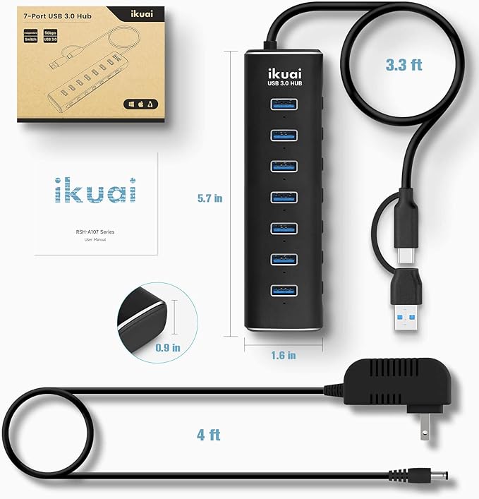 Powered USB 3.0 /USB C Hub, ikuai Aluminium 7-Port USB Hub Splitter with AC Adapter LED Individual On/Off Switches and 3.3ft Extended Long Cable for Laptop, Mac, PC, Flash Drive, Mobile HDD