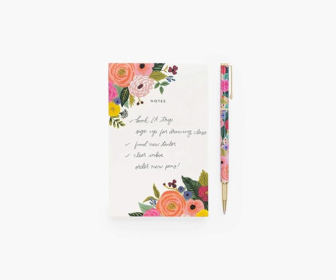 RIFLE PAPER CO. Juliet Rose Writing Pen, 5.375" L, 0.5 mm Rollerball Tip, Stainless Steel Body with Brass Accents, Office and School Supplies for Stationery, Notes, and Art