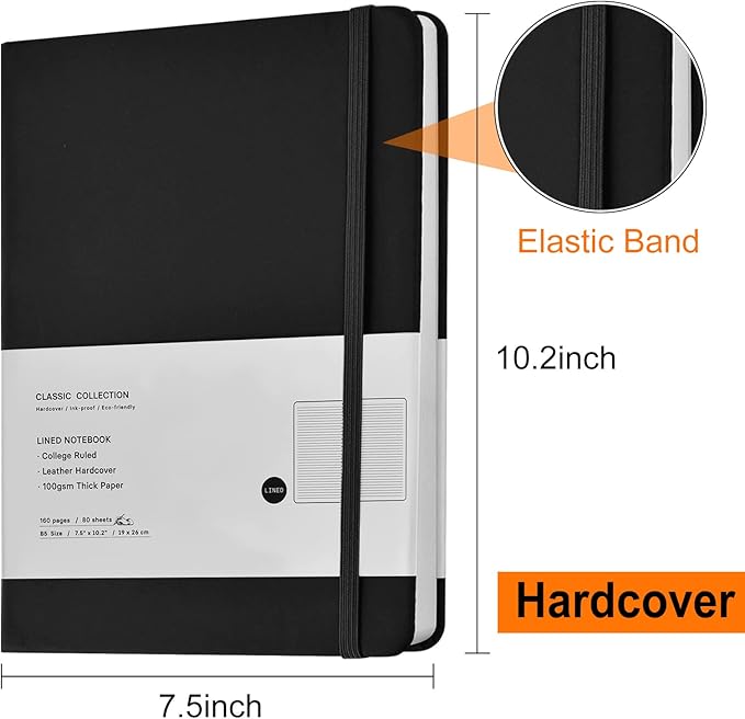 3 Pack B5 Journal Notebooks Classic College Ruled Notebooks Hardcover Lined Journals for Office Home School Business Writing Note Taking, 10.2 x 7.5 inch, 100GSM Thick Paper, 160 Pages (Black)