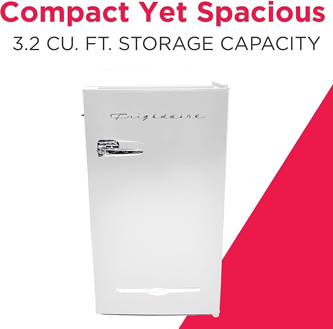 Frigidaire Retro Compact Fridge with Chiller, 3.2 cu ft Countertop Fridge with Built-In Bottle Opener, Compact Refrigerator for Office, Bedroom, Dorm Room or Cabin - 18.7"D x 19.01"W x 33.27"H (White)