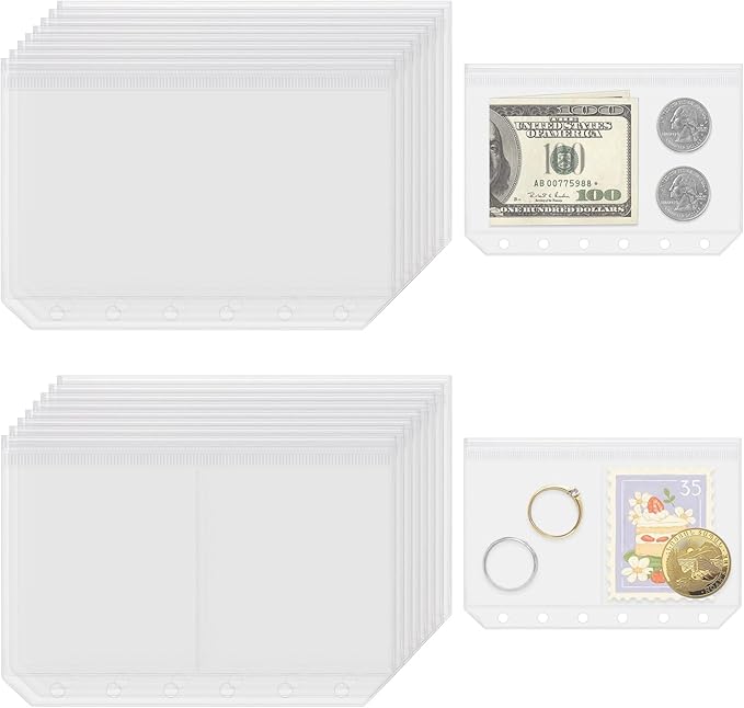 16 Pack Zippered Binder Pocket Sleeves for A7 Binder - Frosted Zipper Pouch Set Photo Card Jewelry Storage Organizer Binder Insert Refill Cash Saving Pages Protector Loose Leaf Bag (6-Hole)