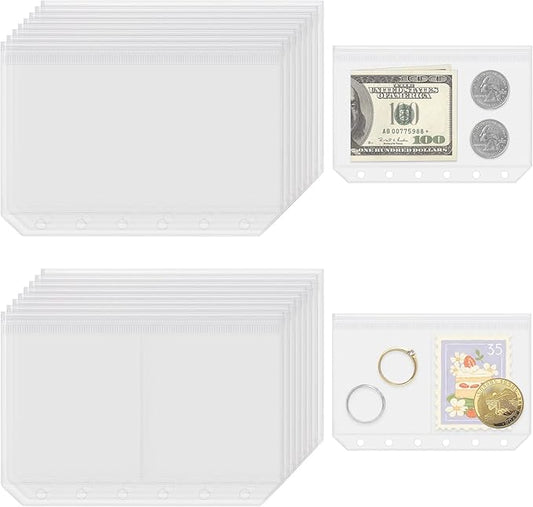 16 Pack Zippered Binder Pocket Sleeves for A7 Binder - Frosted Zipper Pouch Set Photo Card Jewelry Storage Organizer Binder Insert Refill Cash Saving Pages Protector Loose Leaf Bag (6-Hole)