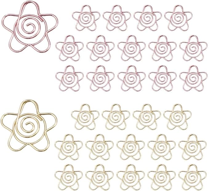 OWLFAVO 30pcs Drawn Flower Shape Paper Clips with Clear Box, Rose Gold and Yellow Gold, Funny Cute Paperclips Bookmarks Planner Clips for Fun Office Supplies School Gifts Wedding Decoration