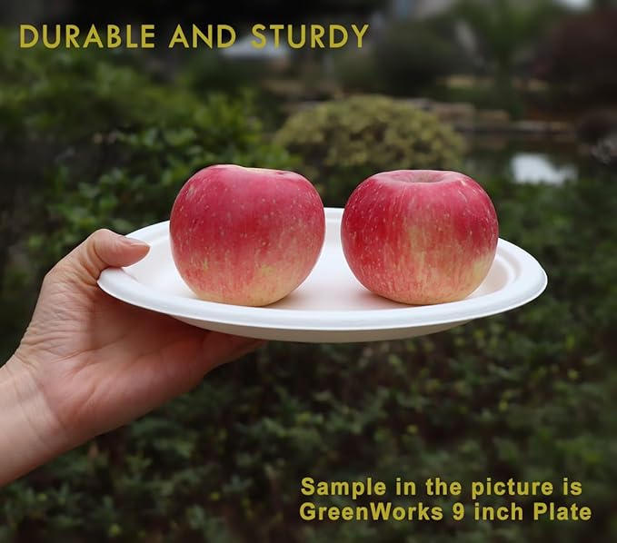 GreenWorks 100 Count 7“ Heavy-duty Compostable Plates, Unbleached Biodegradable Bagasse and Bamboo fiber Paper Plates