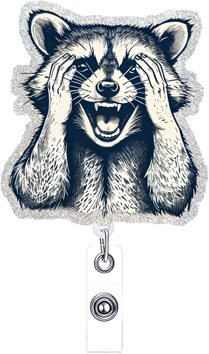 Cute Raccoon Retractable Reel Badge ID Card Clip Acrylic Badge Holder with 360°Rotation Rotundity Metal Alligator Clip Designs Nursing Name Tag for Nurse Doctor Office Worker Accessories