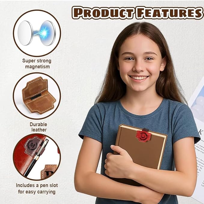 Custom Bookmark with Pen Holder with 26 Letters Personalized Magnetic Leather Book Mark, Customized Name Book Marker Clip with Initial for Men Women, Gifts for Book Lovers, Readers, (Coffee, I)