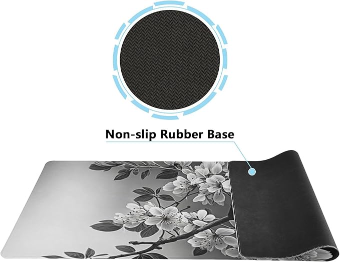 Black and White Sakura Branch Mouse Protector Mat - XL Non-Slip Mouse Pad for Gaming and Work