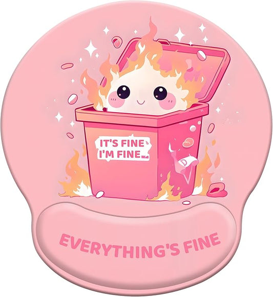 Pink Mouse Pad with Wrist Support,Funny Design Ergonomic Mousepad for Women Girls, Cute Mouse Pads for Desk Gaming with Non-Slip PU Base,It's Fine I'm Fine Desk Accessories