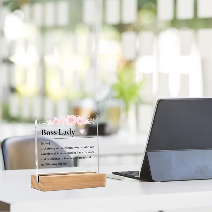 Boss Lady Gifts for Women Office Decor Acrylic Sign with Wood Stand, Best Boss Gifts for Women Leader Boss Mentor Bedroom Living Room Desk Cubicle Table Shelf Decor, Leadership Gifts Manager Gifts