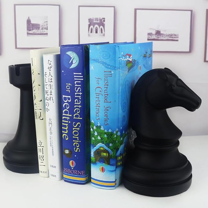 Chess Bookends, Office Decorative Bookends for Shelves, Heavy Bookends Book Stoppers Book Holders for Desk Decoration, 7x7x4 inches, Black,1Pair/2Piece