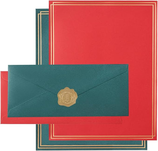 50 Pack Christmas Stationery Set, Green Red #10 Business Envelopes, 50 Sheets 8.5x11 Paper Sheet and Gold Stickers for Office, Letters, Invitations (8.5x11)
