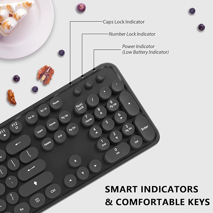Wireless Keyboard and Mouse Combo, Cute Full Size 104-Key Typewriter Retro Round Keycaps Keyboard for PC Laptop,Windows,Desktop,Perfer for Home and Office Keyboards (Black)