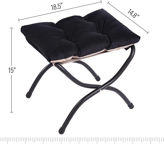 LITA Folding Upholstered Footrest Stool, Modern Small Portable Accent Ottoman with Detachable Thick Cotton Cushion Padded Sofa Stool with Metal Frame for Lazy Chair, Living Room & Bedroom, Black
