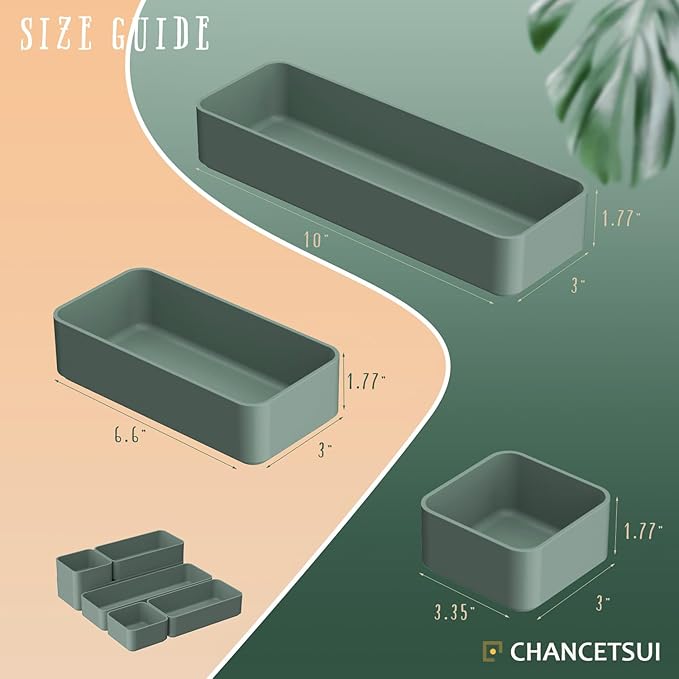 CHANCETSUI 6 PCS Stackable Drawer Organizers Set, Versatile Desk and Vanity Drawer Organizer Trays, Storage Bins for Makeup, Bathroom, Bedroom, Kitchen and Office, Green