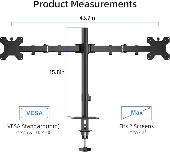 Suptek Dual Monitor Arm Desk Mount,Ultrawide Dual Monitor Arm for 2 Monitor Screens up to 42 inches and Max 22lbs Each,Extra Tall 15.75" Pole Fully Adjustable Monitor Stand for Desk,Black(MD9442LB)