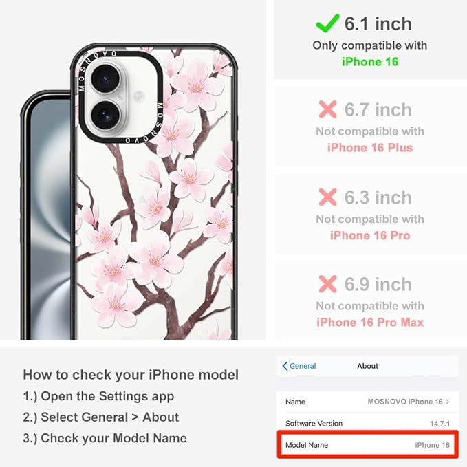 MOSNOVO Case for iPhone 16, [10ft 4X Military-Grade Drop Protection] Durable & Shockproof Phone Case Cover Design for iPhone 16 - Cherry Blossom - Clear Black
