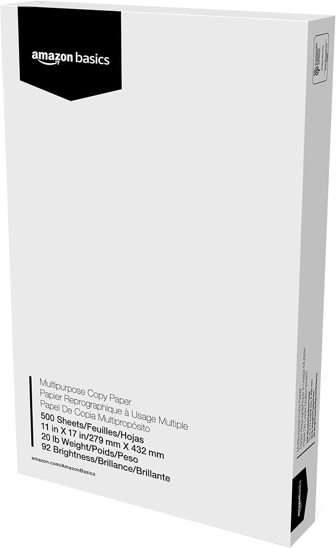 Amazon Basics Multipurpose Copy Printer Paper, 20 lb, 11 x 17 Inches, 5 Reams (2,500 Sheets), 92 Bright, White