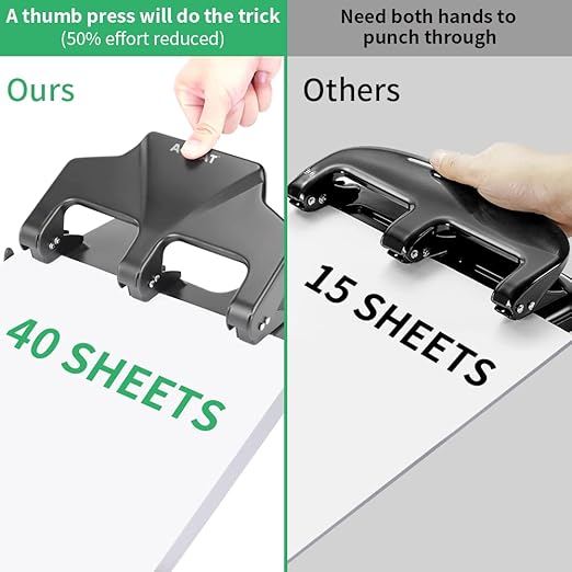 Heavy Duty 3 Hole Punch, 40-Sheet Heavy Duty Paper Punch, 50% Reduced Effort 3-Hole Punch, AFMAT Metal Hole Puncher 3 Ring, Three-Hole Paper Puncher w/Large Chip Tray for Classroom, Office, Silver